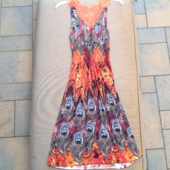 NWT LACE ORANGE PEACOCK FEATHER PRINT DRESS SUNDRESS M - Picture 5 of 7